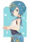  1girl blue_background blue_eyes blue_hair blush closed_mouth gazacy_(dai) highres looking_at_viewer one-piece_swimsuit pokemon pokemon_(game) pokemon_sm short_hair solo suiren_(pokemon) swimsuit swimsuit_under_clothes two-tone_background wet wet_clothes white_background 