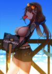  1girl backlighting bangs black-framed_eyewear black_shorts blurry blurry_background box breast_rest breasts brown_hair carrying covered_nipples day depth_of_field eyebrows_visible_through_hair eyewear_on_head food food_in_mouth from_side girls_frontline hair_ornament hairclip highres js_9_(girls_frontline) large_breasts lodbyy long_hair looking_at_viewer looking_to_the_side low_twintails mouth_hold orange-tinted_eyewear outdoors popsicle prosthesis prosthetic_arm red_eyes short_shorts shorts sideboob solo strap_gap sunglasses sunlight twintails very_long_hair walking watermelon_bar 
