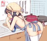  1girl apron artist_logo ass bandana bent_over black_hair blue_apron commentary_request counter cowboy_shot cutting_board dated frying_pan green_eyes grin highres kanon_(kurogane_knights) kantai_collection kitchen leaning_forward long_hair looking_at_viewer low_twintails naked_apron nude pot ribbon simple_background smile solo suzukaze_(kantai_collection) thighhighs twintails unmoving_pattern white_background white_legwear 