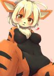  &lt;3 :3 animal_humanoid anthro arcanine black_body black_fur blonde_hair blush breasts brown_eyes chest_tuft female fur hair hands_behind_back hi_res humanoid looking_at_viewer navel nintendo nipples orange_body orange_fur pok&eacute;mon pok&eacute;mon_(species) shiitakemeshi short_hair simple_background sitting smile solo spread_legs spreading stripes tuft video_games white_background 