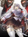  1girl azur_lane black_cape black_gloves black_hairband black_panties black_skirt blue_eyes breasts buttons cape cross cross_earrings double-breasted earrings from_below garter_straps genshi_usagi gloves gradient gradient_background grey_background hairband half_gloves highres holding holding_sword holding_weapon iron_cross jacket jewelry mainz_(azur_lane) mechanical_animal medium_breasts miniskirt panties pleated_skirt red_cape rigging sheath skirt solo sword thigh_strap thighhighs thighs turret two-tone_cape underwear unsheathed weapon white_hair white_jacket white_legwear 