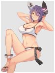  1girl bare_arms bare_legs bare_shoulders barefoot bikini breasts checkered cleavage collarbone eyebrows_visible_through_hair eyepatch grey_background grin headgear kantai_collection kasumi_(skchkko) large_breasts navel purple_hair sandals short_hair smile solo swimsuit tenryuu_(kantai_collection) toes white_bikini yellow_eyes 