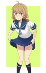  ahoge animal animal_on_shoulder bandaid bandaid_on_face blush brown_hair crab eyebrows_visible_through_hair kantai_collection kneehighs kugui_kiyunemu oboro_(kantai_collection) pet school_uniform serafuku short_hair simple_background skirt_hold 