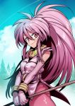  1girl arche_klein breasts broom closed_mouth cloud elbow_gloves gloves highres long_hair looking_at_viewer pants pink_eyes pink_hair pink_pants ponytail smile solo tales_of_(series) tales_of_phantasia tree tukiwani wide_ponytail 