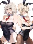  2girls amakaze animal_ears artoria_pendragon_(all) back-to-back bangs blonde_hair blush breasts bunny_ears bunny_tail bunnysuit collar commentary_request eyes_visible_through_hair fate/grand_order fate_(series) fishnet_legwear fishnets highres jeanne_d&#039;arc_(alter)_(fate) jeanne_d&#039;arc_(fate)_(all) large_breasts money money_hold multiple_girls neckwear oekaki open_mouth red_neckwear saber saber_alter short_hair simple_background tail thighhighs thighs white_background white_hair 