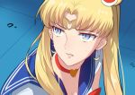  1girl bangs bishoujo_senshi_sailor_moon blonde_hair blue_background blue_eyes blue_sailor_collar breasts choker circlet cleavage commentary derivative_work earrings english_commentary from_side heart heart_choker highres jewelry long_hair parted_bangs parted_lips red_choker sailor_collar sailor_moon sailor_moon_redraw_challenge screencap_redraw shiguru shirt solo tsukino_usagi twintails upper_body white_shirt 