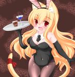  1girl :d animal_ears ass_visible_through_thighs bangs bare_shoulders black_gloves black_hairband black_leotard black_neckwear blonde_hair blush breasts brown_legwear bunny_ears cat_ears cat_girl cat_tail cleavage collar commentary_request cup detached_collar drinking_glass elbow_gloves eyebrows_visible_through_hair fake_animal_ears fang gloves hair_between_eyes hairband hand_up highres holding holding_tray kanijiru leotard long_hair medium_breasts open_mouth original pantyhose red_eyes red_ribbon ribbon smile solo strapless strapless_leotard tail tail_ribbon thigh_gap tray very_long_hair white_collar wing_collar 