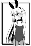  1girl amatsukaze_(kantai_collection) animal_ears arms_behind_back ataru_(ataru-littlebird) bunny_ears bunnysuit choker collarbone commentary_request cowboy_shot fake_animal_ears flat_chest greyscale hair_tubes highres kantai_collection leotard long_hair looking_to_the_side monochrome pantyhose smokestack_hair_ornament solo standing strap strapless strapless_leotard two_side_up windsock 