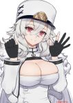 1girl azur_lane bangs black_gloves breasts buttons cleavage clenched_hand coat coat_dress commentary_request crossed_bangs double-breasted dress eyebrows_visible_through_hair fur-trimmed_coat fur_trim gangut_(azur_lane) gloves hair_between_eyes hands_up hat head_tilt highres large_breasts long_hair long_sleeves looking_at_viewer military_hat mole mole_under_eye open_hand partly_fingerless_gloves red_eyes sidelocks signature silver_hair simple_background smile solo tansan_daisuki taut_clothes taut_dress textless upper_body very_long_hair white_background white_coat white_dress 