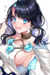  1girl bangs bare_shoulders black_hair blue_eyes blue_ribbon blunt_bangs blush breasts collarbone detached_sleeves eyebrows_visible_through_hair fate/grand_order fate_(series) flying_sweatdrops hand_up long_hair long_sleeves magatama magatama_hair_ornament medium_breasts multicolored_hair open_mouth red_hair ribbon rope see-through sideboob sideless_outfit simple_background solo streaked_hair sweat twitter_username two-tone_hair upper_body utsumi_erise white_background yayoi_maka 