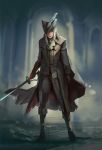  1girl arms_at_sides ascot blonde_hair blood bloodborne blurry blurry_background boots brown_footwear coat commentary_request cravat depth_of_field full_body gloves hat hat_feather hat_over_one_eye highres holding indoors knee_boots lady_maria_of_the_astral_clocktower long_coat long_hair long_sleeves looking_at_viewer miso_katsu pants rakuyo_(bloodborne) red_eyes red_gloves solo standing sword trench_coat tricorne weapon white_hair 