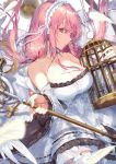  1girl absurdres angel_wings azur_lane bangs birdcage blush breasts cage cleavage detached_collar detached_sleeves dress feathers frilled_hairband frills hairband highres holding holding_staff kikurage_tom. large_breasts long_hair looking_at_viewer perseus_(azur_lane) pink_eyes pink_hair solo staff twintails two-tone_dress white_headwear white_legwear wings 