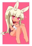  1girl animal_ear_fluff animal_ears bangs bare_legs bare_shoulders barefoot blonde_hair blunt_bangs blush bunny_ears bunny_tail bunnysuit closed_mouth collar collarbone commentary_request eyebrows_visible_through_hair full_body heart heart-shaped_pupils high_ponytail highres knees_up leotard long_hair masurao_(sekaiju) naga_u ponytail purple_leotard red_background red_collar red_eyes sekaiju_no_meikyuu sekaiju_no_meikyuu_5 sitting smile solo strapless strapless_leotard symbol-shaped_pupils tail thick_eyebrows two-tone_background very_long_hair white_background wrist_cuffs 