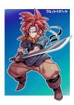  1boy blue_eyes chrono_trigger closed_mouth crono headband highres looking_at_viewer red_hair scarf smile solo spiked_hair sword tukiwani weapon 