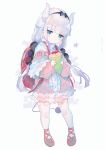  1girl absurdres backpack bag beads blue_eyes capelet child crepe dragon_girl dragon_horns dress expressionless food fruit full_body hair_beads hair_ornament hairband highres horns kanna_kamui kobayashi-san_chi_no_maidragon lavender_hair long_hair low_twintails pink_dress randoseru red_footwear ribbon shoes short_dress simple_background solo strawberry tail thighhighs twintails umemaro_(siona0908) white_background white_capelet white_legwear 
