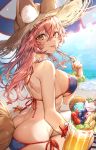  1girl :p animal_ear_fluff animal_ears arched_back bangs bare_shoulders beach bikini blue_bikini blush bracelet breasts butt_crack day ears_through_headwear fate/grand_order fate_(series) food fox_ears fox_girl fox_tail hair_between_eyes halterneck hat highres holding holding_spoon ice_cream jewelry large_breasts long_hair looking_at_viewer necklace outdoors pillo pink_hair shoulder_blades side-tie_bikini sitting smile solo spoon straw_hat string_bikini sun_hat sundae swimsuit tail tamamo_(fate)_(all) tamamo_no_mae_(fate) tamamo_no_mae_(swimsuit_lancer)_(fate) tongue tongue_out wet yellow_eyes 