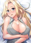  1girl absurdres arm_across_chest bed_sheet blonde_hair blouse blue_eyes blush breasts cleavage collarbone highres hornet_(kantai_collection) kantai_collection large_breasts long_hair looking_at_viewer lying messy_hair on_back on_bed open_blouse open_clothes parted_lips ruin_re_birth solo upper_body white_blouse 