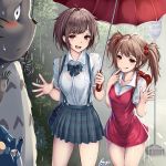  2girls :/ :d :q ahoge animal backpack bag bangs blush bow bowtie breasts brown_hair bush collarbone commentary_request cowboy_shot dress dress_shirt finger_to_mouth hair_bobbles hair_ornament hands_up highres holding holding_umbrella kusakabe_mei kusakabe_satsuki looking_at_viewer medium_breasts medium_hair miniskirt monikano multiple_girls naughty_face open_mouth outdoors pink_dress plaid plaid_skirt pleated_skirt rain red_bag red_eyes red_umbrella road road_sign see-through shirt shirt_tucked_in short_hair short_sleeves shoulder_bag sign skirt sleeveless sleeveless_dress smile standing street suspender_skirt suspenders thigh_gap tonari_no_totoro tongue tongue_out totoro totoro_bus_stop umbrella water wet wet_clothes wet_hair wet_shirt white_shirt 