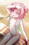  1girl absurdres arm_at_side armpits artist_name ass_visible_through_thighs bare_shoulders beach bench bikini blurry blush bob_cut bokeh bracelet breasts broly_matsumoto cleavage collarbone commentary depth_of_field doki_doki_literature_club drooling from_above green_vest hair_ornament hair_ribbon hand_on_own_face hand_up heart heart-shaped_pupils highres jewelry looking_afar looking_at_viewer looking_up loose_hair_strand natsuki_(doki_doki_literature_club) navel nipples no_shirt on_bench open_clothes open_mouth open_vest parted_lips pink_bikini pink_hair purple_eyes red_ribbon ribbon sand see-through see-through_vest shaded_face shading_eyes short_hair signature sitting small_breasts solo swept_bangs swimsuit symbol-shaped_pupils trembling twitter_username two_side_up vest x_hair_ornament 