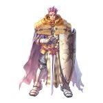  1boy 2000s_(style) armor armored_boots boots breastplate cape closed_mouth cross cross_scar crusader_(ragnarok_online) frown full_body gauntlets highres holding holding_shield holding_sword holding_weapon long_sleeves looking_at_viewer male_focus myung-jin_lee official_art pauldrons purple_cape purple_hair ragnarok_online scar scar_on_face shield short_hair shoulder_armor simple_background solo spiked_hair standing sword tabard tachi-e transparent_background weapon 