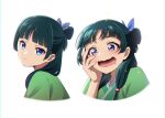  1girl black_hair blue_eyes blunt_bangs blush closed_mouth commentary cropped_torso drooling expressionless freckles green_hair hair_bobbles hair_ornament hair_over_shoulder hair_ribbon hand_on_own_face hand_up highres kusuriya_no_hitorigoto long_hair looking_at_viewer maomao_(kusuriya_no_hitorigoto) mouth_drool multiple_views open_mouth portrait purple_ribbon ribbon simple_background smile war_artwork white_background 