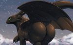  2020 big_butt butt digital_media_(artwork) dragon dreamworks feral gaze gillpanda green_sclera how_to_train_your_dragon huge_butt looking_at_viewer looking_back membrane_(anatomy) membranous_wings night_fury scalie snow solo toothless western_dragon wings 