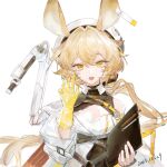  1girl animal_ears arknights blonde_hair clipboard dated dorothy_(arknights) double-parted_bangs gloves hair_between_eyes hand_up highres holding holding_clipboard jacket jiaowohuahua long_hair long_sleeves looking_at_viewer mouse_ears open_mouth simple_background single_bare_shoulder single_glove solo upper_body very_long_hair white_background white_headwear white_jacket yellow_eyes yellow_gloves 