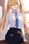  1girl artist_name blue_necktie breasts desk dokibird_(vtuber) green_eyes highres indie_virtual_youtuber legs_folded long_hair long_sleeves looking_at_viewer medium_breasts necktie office on_desk pants plant smug sunset_skyline twintails very_long_hair 