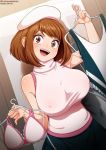  1girl alternate_costume artist_name bangs bare_shoulders black_skirt blush boku_no_hero_academia bra bra_removed breasts brown_eyes brown_hair commentary eyebrows_visible_through_hair frilled_swimsuit frills hat holding holding_bra holding_clothes holding_swimsuit holding_underwear large_breasts looking_at_viewer neocoill open_mouth patreon_username round_teeth short_hair skirt sleeveless sleeveless_sweater sleeveless_turtleneck smile solo sweater swimsuit teeth turtleneck turtleneck_sweater underwear upper_teeth uraraka_ochako watermark web_address white_sweater 