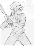  1girl baseball_bat baseball_cap commentary greyscale hat holding holding_baseball_bat kei_(hasukeii) koito_yuu long_sleeves monochrome sketch solo yagate_kimi_ni_naru 