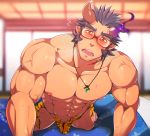  1boy abs bara bulge bulge_press chest dark_blue_hair facial_hair fang foreshortening highres horns jewelry kuro_(shiranui) looking_at_viewer male_focus muscle necklace nipples pectorals pov scar shirtless short_hair simple_background solo takemaru_(tokyo_houkago_summoners) thick_eyebrows thighs tokyo_houkago_summoners upper_body 