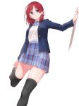  1girl adjusting_footwear arm_support black_thighhighs blue_bow blue_bowtie blue_jacket blue_skirt bow bowtie brown_footwear collared_shirt commentary_request highres jacket long_sleeves looking_at_viewer love_live! love_live!_school_idol_project medium_hair nishikino_maki open_clothes open_jacket parted_lips plaid plaid_skirt pleated_skirt purple_eyes red_hair s_sho_mkrn shirt skirt solo standing standing_on_one_leg thighhighs upper_body white_background white_shirt winter_uniform 