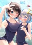  2girls @_@ absurdres amane_kanata arm_around_waist bird blue_hair blue_one-piece_swimsuit blush breasts covered_navel duck grey_hair hair_intakes highres hololive large_breasts looking_at_viewer masanohe_(etoileair) multiple_girls one-piece_swimsuit one_eye_closed oozora_subaru purple_eyes short_hair small_breasts smile subaru_duck swimsuit upao_(amane_kanata) v virtual_youtuber water 