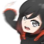  1girl ar_jart artist_name black_dress black_hair blurry cape close-up dress gradient_hair grey_eyes long_sleeves looking_at_viewer motion_blur multicolored_hair open_mouth red_cape red_hair ruby_rose rwby short_hair slapping solo white_background 