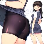  1girl ass bike_shorts bike_shorts_under_skirt black_hair black_shorts brown_eyes clothes_lift collared_shirt dated dress_shirt feet_out_of_frame from_behind good_ass_day grey_skirt grey_vest hayashio_(kancolle) highres kantai_collection lifted_by_self long_hair looking_at_viewer mole mole_under_eye multiple_views panties_under_bike_shorts pantylines pleated_skirt school_uniform shirt shorts simple_background skirt skirt_lift smile taketora_suzume vest white_background white_shirt zoom_layer 