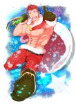  1boy abs absurdres alternate_costume bara blue_eyes bulge chest foreshortening highres kuro_(shiranui) male_focus muscle nipples pectorals pollux_(tokyo_houkago_summoners) red_hair santa_costume short_hair simple_background smile solo tokyo_houkago_summoners upper_body 