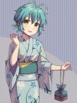  1girl :d alternate_costume animal_print antenna_hair blue_hair blue_kimono blush chihiro_(chihiro3399) commentary_request cowboy_shot eiyuu_densetsu eyebrows_hidden_by_hair floral_print grey_background hair_between_eyes hair_ornament hand_up highres japanese_clothes kanzashi kimono long_sleeves looking_at_viewer millium_orion no_headwear open_mouth print_kimono rabbit_print sen_no_kiseki simple_background smile solo spiked_hair tareme wide_sleeves yellow_eyes yukata 