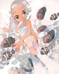  1girl agent_8_(splatoon) ass bodysuit commentary coral cracked_skin fish grey_eyes grey_hair highres jelleton li04r long_hair looking_at_viewer octoling octoling_girl octoling_player_character open_mouth red_eyes splatoon_(series) splatoon_3 splatoon_3:_side_order swarming_languendo tentacle_hair white_background white_bodysuit 