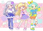  3girls :d arm_up bandaid bandaid_on_leg blonde_hair blue_hoodie blue_skirt blue_thighhighs blunt_bangs bow braid chii_(chi_pppuri) closed_mouth commentary_request diamond_earrings earrings flower full_body green_eyes green_hair grey_hair group_name hair_bow hair_flower hair_ornament hand_up highres hood hood_down hoodie idol_clothes idol_time_pripara jacket jewelry koda_michiru leg_warmers long_hair long_sleeves looking_at_viewer miichiru_(pripara) multiple_girls nijiiro_nino open_mouth orange_skirt pink_background pink_jacket pretty_series pripara purple_eyes purple_flower purple_footwear purple_shirt purple_skirt ringlets shirt shoes short_hair short_sleeves skirt smile socks standing star_(symbol) thighhighs twin_braids two_side_up very_long_hair wavy_hair white_shirt white_socks yellow_footwear yumekawa_yui 