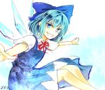  1girl blue_bow blue_dress blue_eyes bow bowtie cirno commentary_request dress hair_bow ice ice_wings kutsuki_kai looking_at_viewer one-hour_drawing_challenge outstretched_arms red_bow red_bowtie short_sleeves smile snowflake_print solo touhou wings 