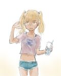  1girl blonde_hair blue_shorts breasts drink glasses hair_bobbles hair_ornament highres long_hair midriff navel open_mouth outdoors perrine_h._clostermann shiri_chin shirt short_shorts shorts sketch small_breasts smile solo strike_witches twintails white_shirt world_witches_series yellow_eyes 