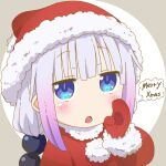  1girl beads blue_eyes blush brown_background close-up coat english_text gloves gradient_hair hair_beads hair_ornament hand_up hat kanna_kamui kobayashi-san_chi_no_maidragon long_sleeves merry_christmas multicolored_hair open_mouth purple_hair red_coat red_gloves red_headwear samansa_ex santa_hat short_hair solo speech_bubble white_background white_hair 
