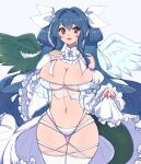  1girl angel_wings ass_visible_through_thighs asymmetrical_wings bare_shoulders blush bow bowtie breasts center_opening chemaru_(a8l) cleavage collar covered_nipples curvy detached_collar detached_sleeves dizzy_(guilty_gear) dress frilled_collar frilled_dress frilled_skirt frills garter_belt guilty_gear hair_between_eyes hair_ornament hair_ribbon hair_rings hand_on_own_chest highres juliet_sleeves large_breasts long_hair long_sleeves looking_at_viewer mature_female monster_girl navel open_mouth panties puffy_sleeves red_eyes ribbon simple_background skindentation skirt solo tail thick_thighs thighhighs thighs twintails underwear white_background white_bow white_bowtie white_panties white_ribbon white_thighhighs wide_hips wings 