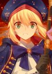  1girl artoria_pendragon_(all) artoria_pendragon_(caster) ashes black_gloves blonde_hair blue_bow blue_capelet blue_headwear bow buttons capelet commentary_request dress embers eyebrows_visible_through_hair fate/grand_order fate/stay_night fate_(series) gloves green_eyes hair_between_eyes hat highres holding holding_staff long_hair long_sleeves meiji_ken multicolored_capelet parted_lips red_capelet reflection reflective_eyes saber staff sword teeth twitter_username weapon white_dress 