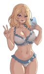  1girl absurdres bikini blonde_hair blue_eyes breasts cellphone cleavage commentary cowboy_shot english_commentary frilled_bikini frills front-tie_bikini_top front-tie_top girls_und_panzer hal_san half-closed_eyes halterneck highres holding holding_phone large_breasts looking_at_viewer medium_hair messy_hair navel open_mouth oshida_(girls_und_panzer) phone pussy_juice saliva simple_background smartphone smile solo standing sweat swimsuit v white_background white_bikini 