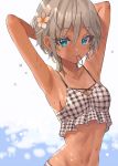 1girl anastasia_(idolmaster) armpits arms_behind_head arms_up bangs bare_arms bikini blue_eyes breasts cleavage collarbone earrings flower frill_trim grey_hair hair_between_eyes hair_flower hair_ornament hair_tie hair_tie_in_mouth highres idolmaster idolmaster_cinderella_girls jewelry light_blush looking_at_viewer mouth_hold navel rum_raisin_(chihiromakita19) short_hair sideboob simple_background sleeveless small_breasts solo striped striped_bikini swimsuit tan tankini upper_body water wet white_background white_flower 