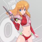  1girl alpha_(game) bikini blue_eyes breasts character_request chris_(alpha) copyright_name copyright_request cowboy_shot gem gun highres holding holding_gun holding_weapon lips navel orange_hair parted_lips red_bikini shoulder_guard sidelocks small_breasts solo square_enix stomach swimsuit vambraces weapon yazwo 