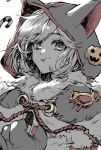  1girl :t animal_ear_hood animal_hands brown_eyes candy candy_cane capelet cat_paws character_request check_character check_copyright checkerboard_cookie cookie copyright_request djeeta_(granblue_fantasy) eating food food_on_face fur-trimmed_capelet fur_trim granblue_fantasy holding holding_food hood hood_up looking_at_viewer nekomancer_(granblue_fantasy) parted_bangs partially_colored portrait pumpkin rakko-chan_genkou-chuu short_hair solo white_background 