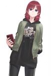  1girl black_hoodie black_pants cellphone collarbone commentary dutch_angle english_commentary green_jacket hand_in_pocket holding holding_phone hood hood_down hoodie jacket looking_at_viewer love_live! love_live!_school_idol_project medium_hair nishikino_maki pants parted_lips phone print_hoodie purple_eyes red_hair s_sho_mkrn smartphone solo standing upper_body white_background 