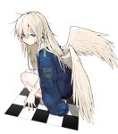  1girl angel angel_wings azumaya_toushirou bandaged_leg bandages bandaid bandaid_on_arm bandaid_on_face bandaid_on_neck barefoot blonde_hair blue_eyes commentary_request hair_between_eyes highres jacket jacket_on_shoulders long_hair looking_back original simple_background solo squatting white_background wings 